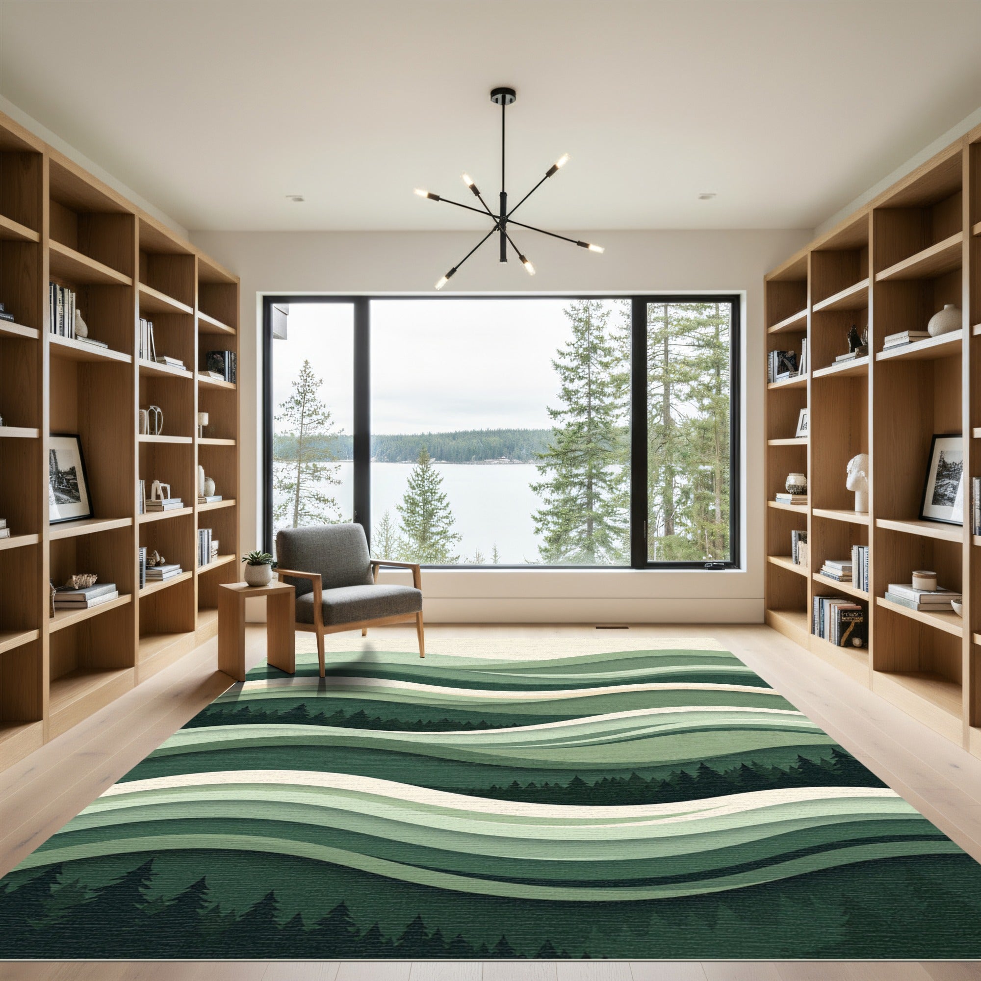 Layered Green Forest Landscape Waves Rug
