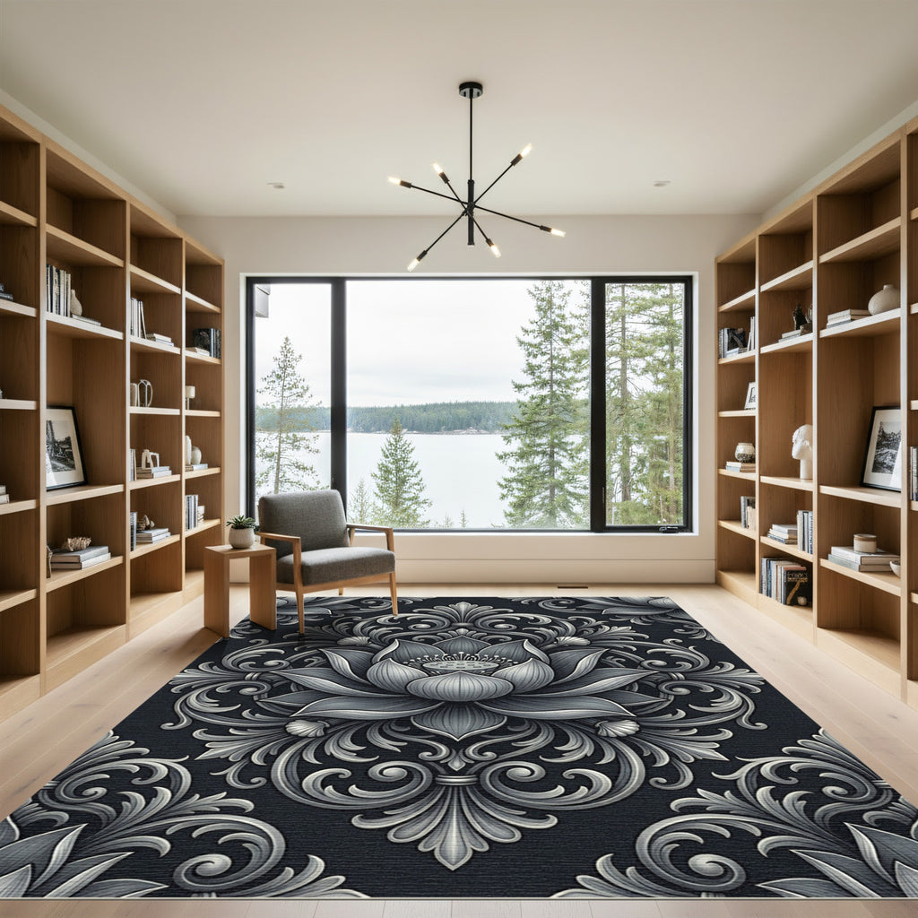 Silver Embossed Lotus Floral Damask Rug