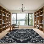 Silver Embossed Lotus Floral Damask Rug