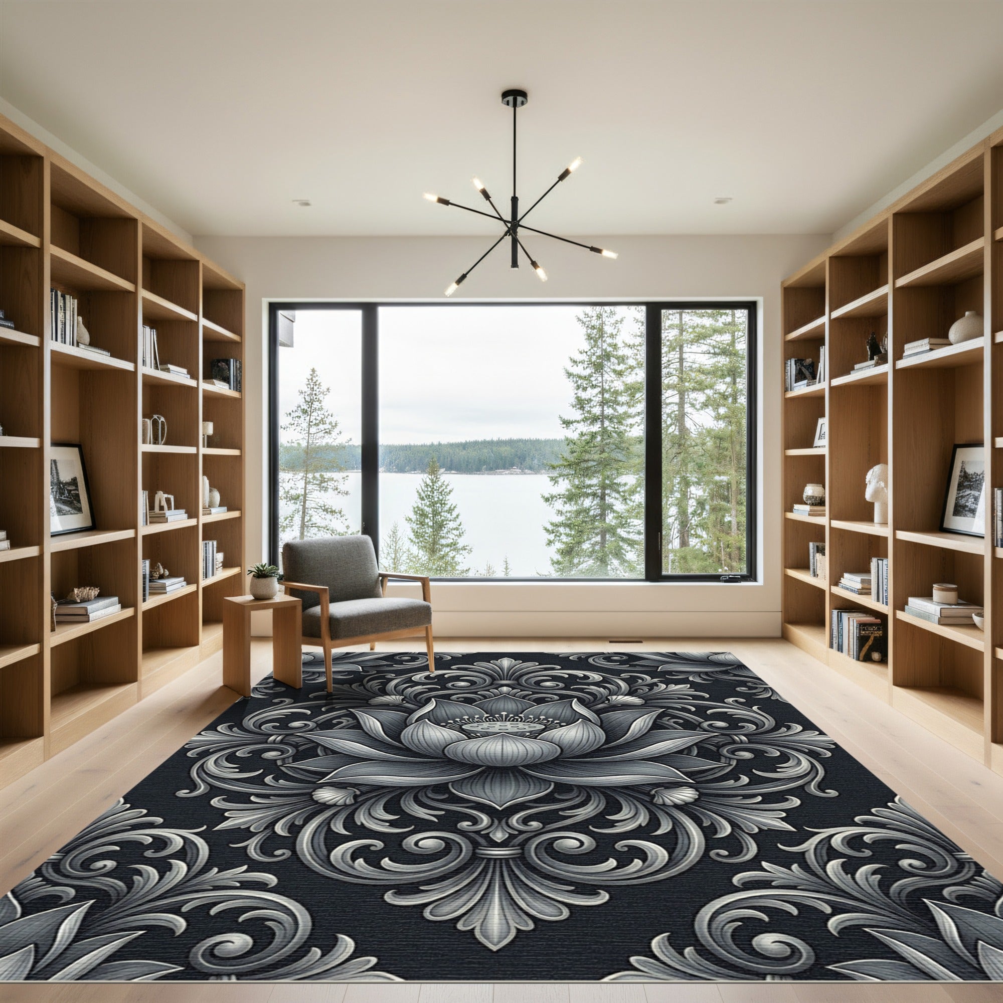 Silver Embossed Lotus Floral Damask Rug