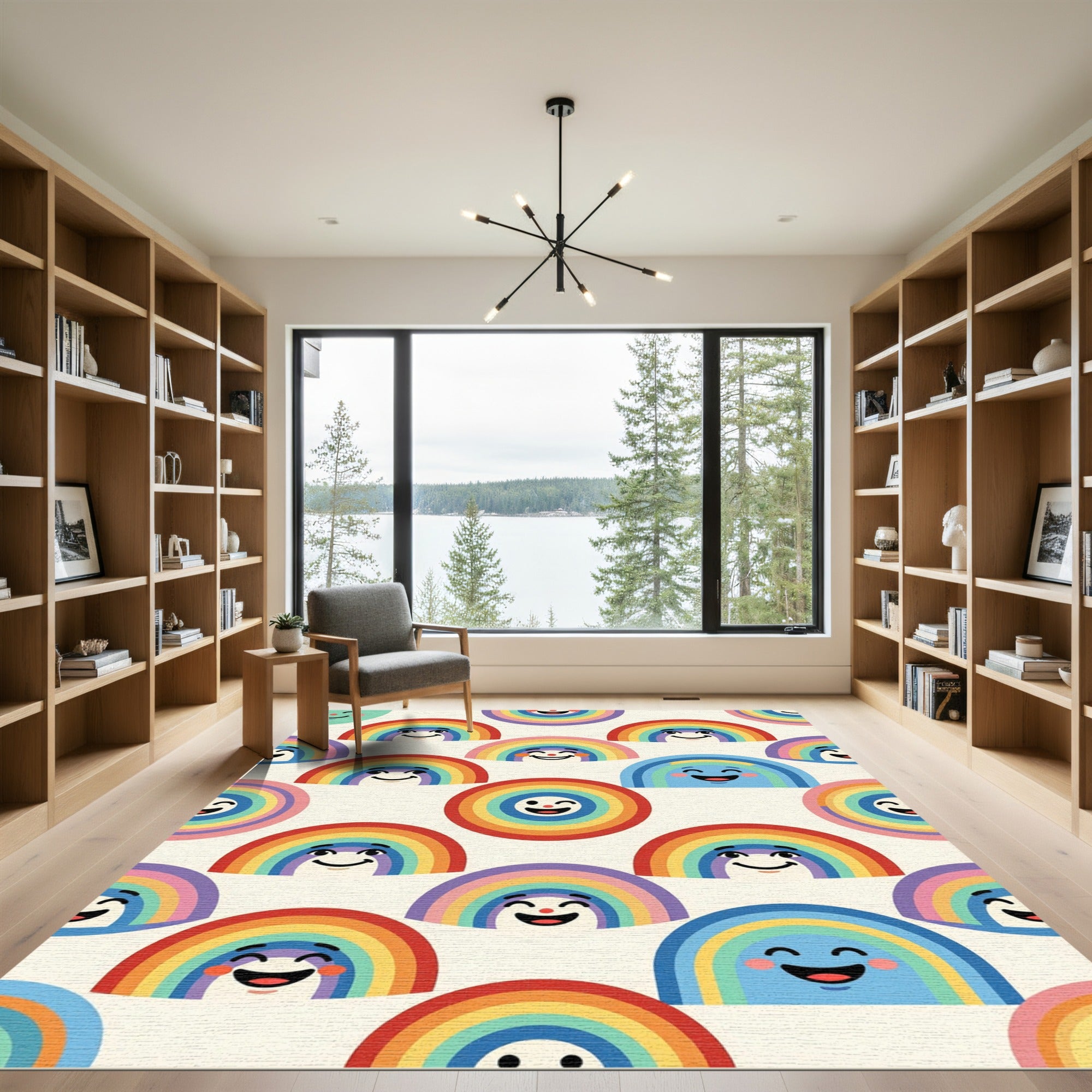 Whimsical Colorful Smiling Rainbow Kids Illustration Rug
