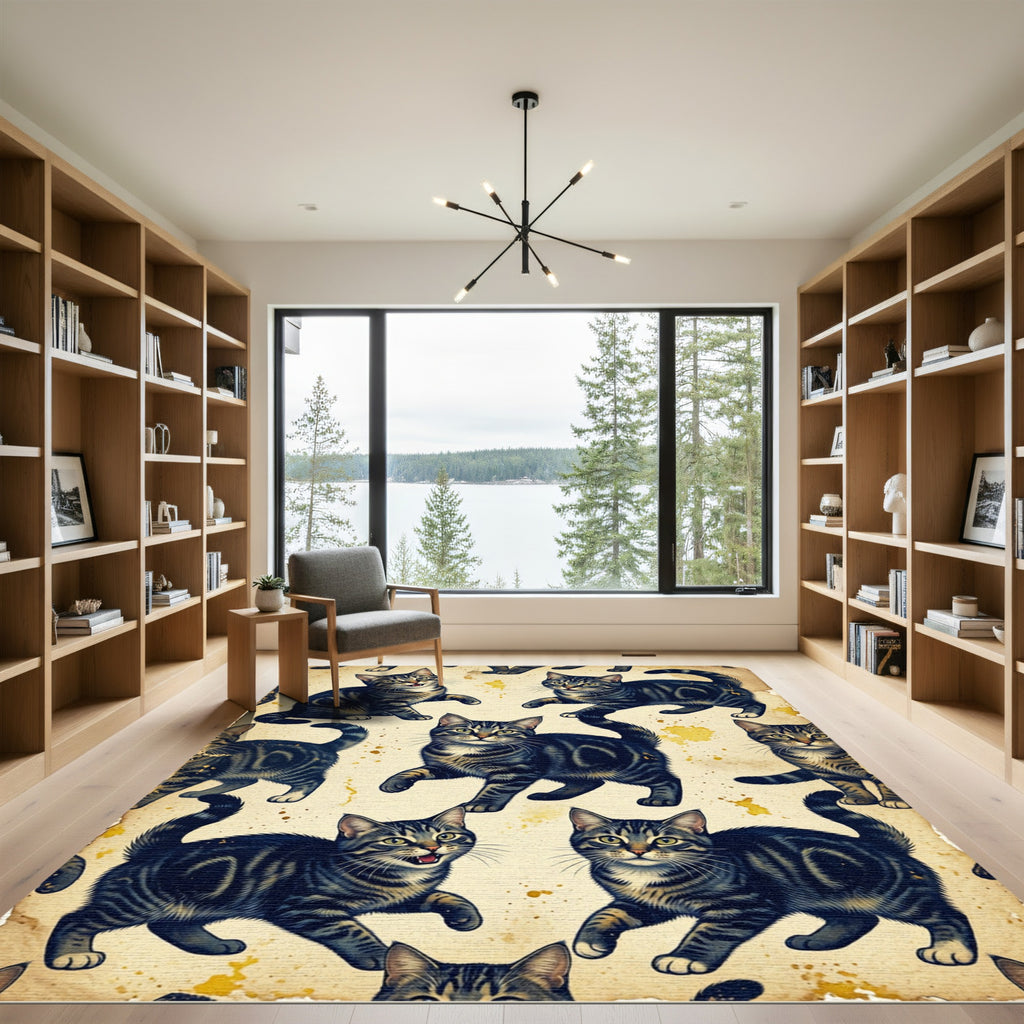 Vintage Tabby Cat Distressed Parchment Illustration Rug