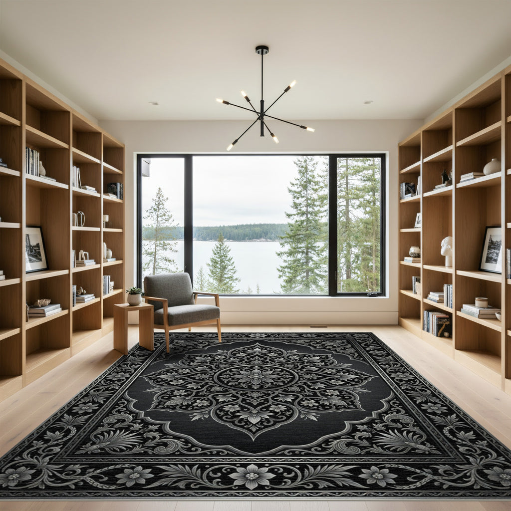 Elegant Monochrome Silver Floral Damask Rug