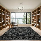Elegant Monochrome Silver Floral Damask Rug