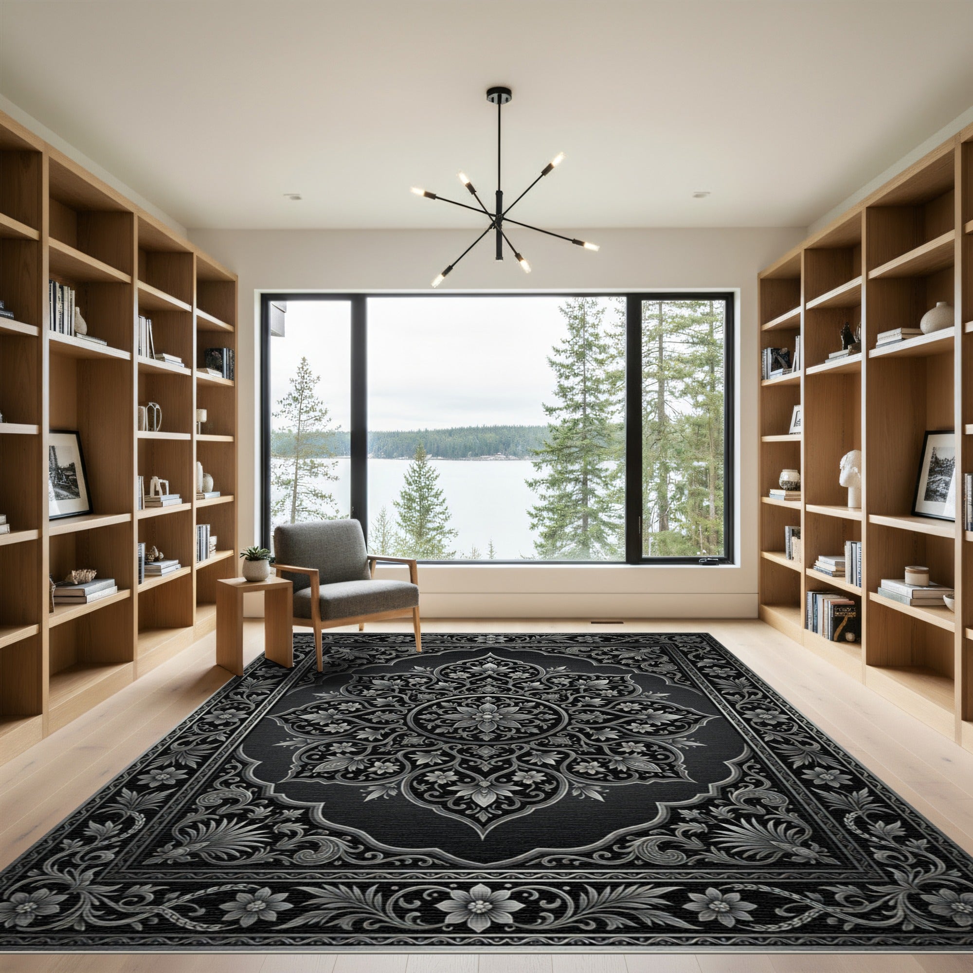 Elegant Monochrome Silver Floral Damask Rug