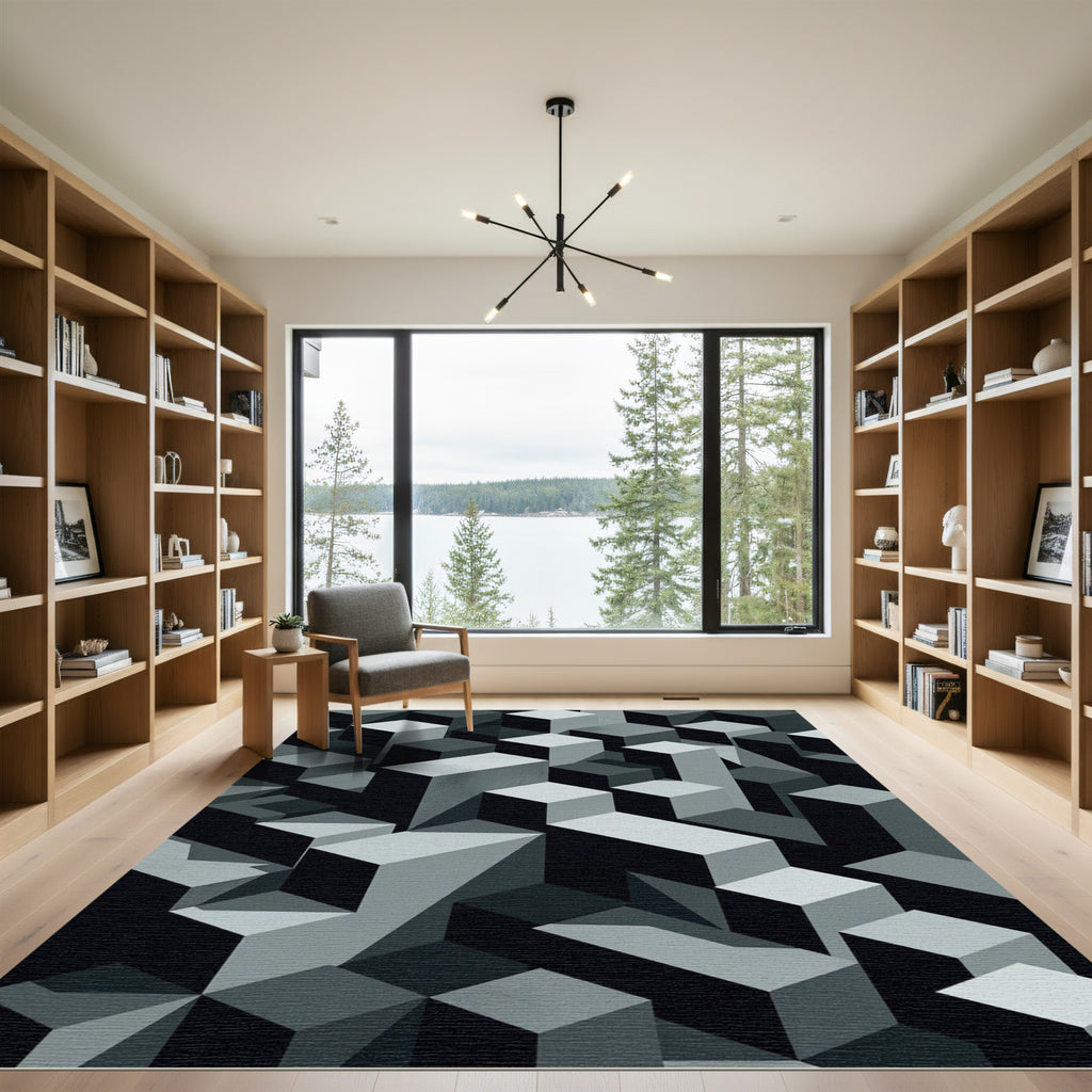 Monochrome Isometric Geometric Block Abstract Rug