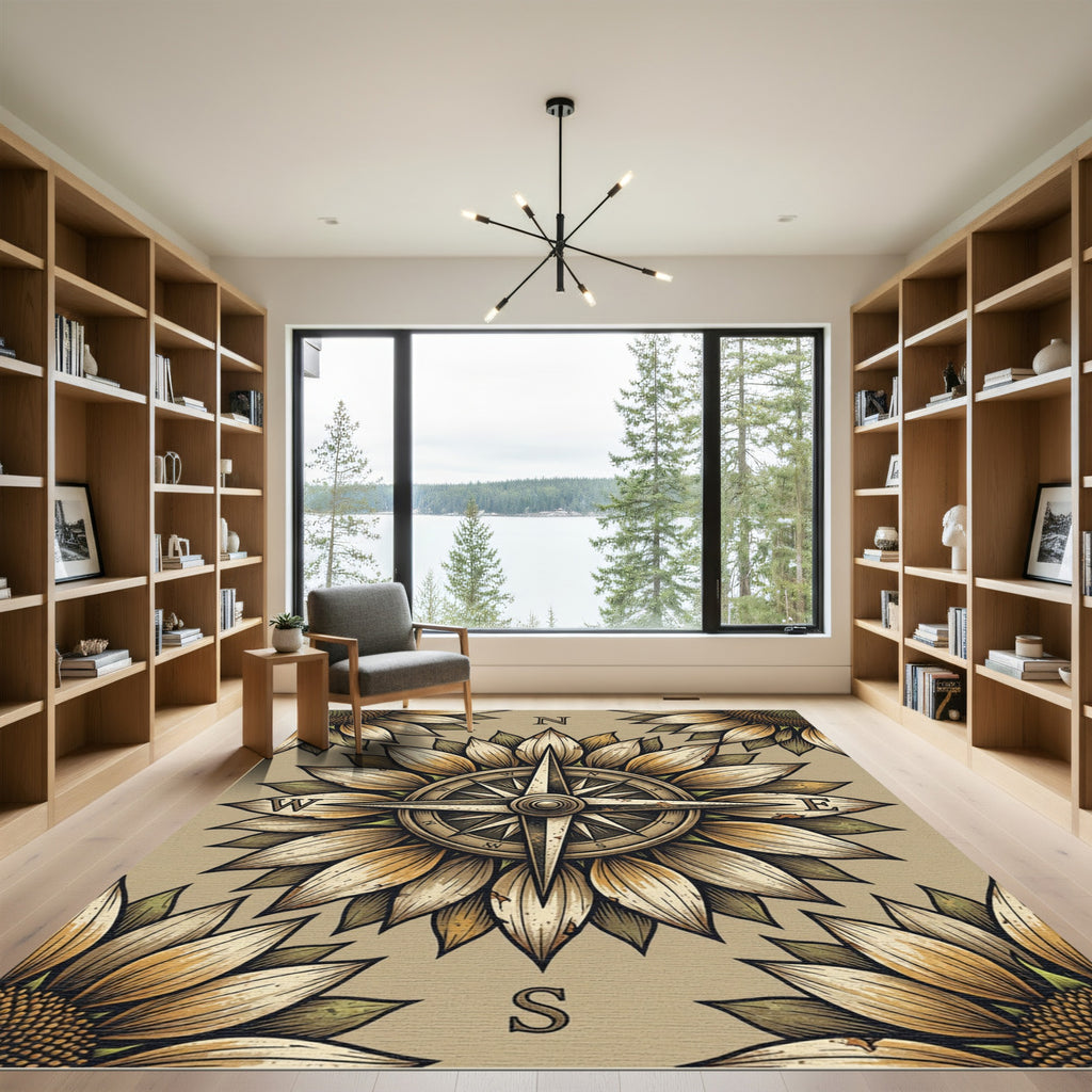 Vintage Sunflower Compass Earthy Tones Rug