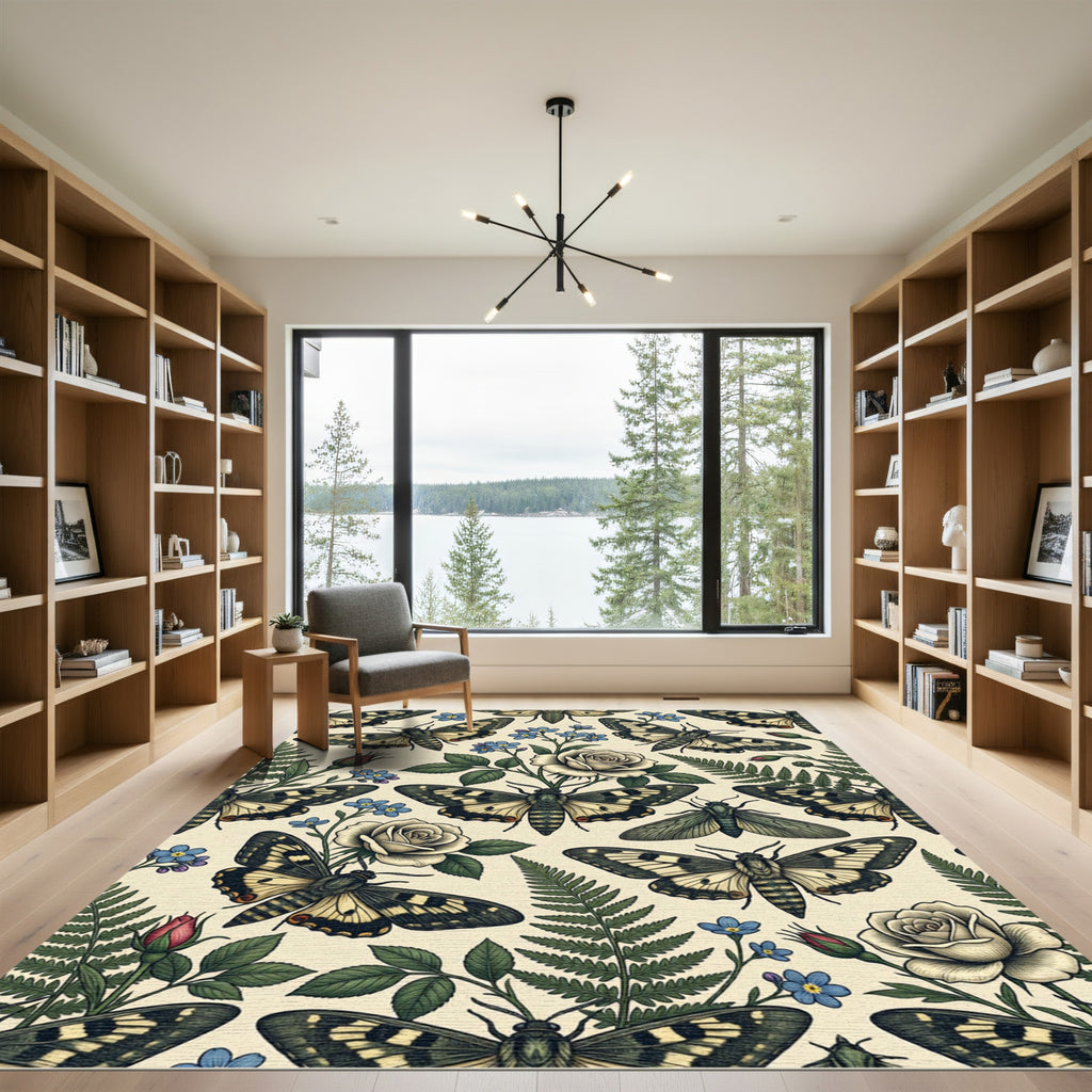 Botanical Moth and Rose Garden Rug
