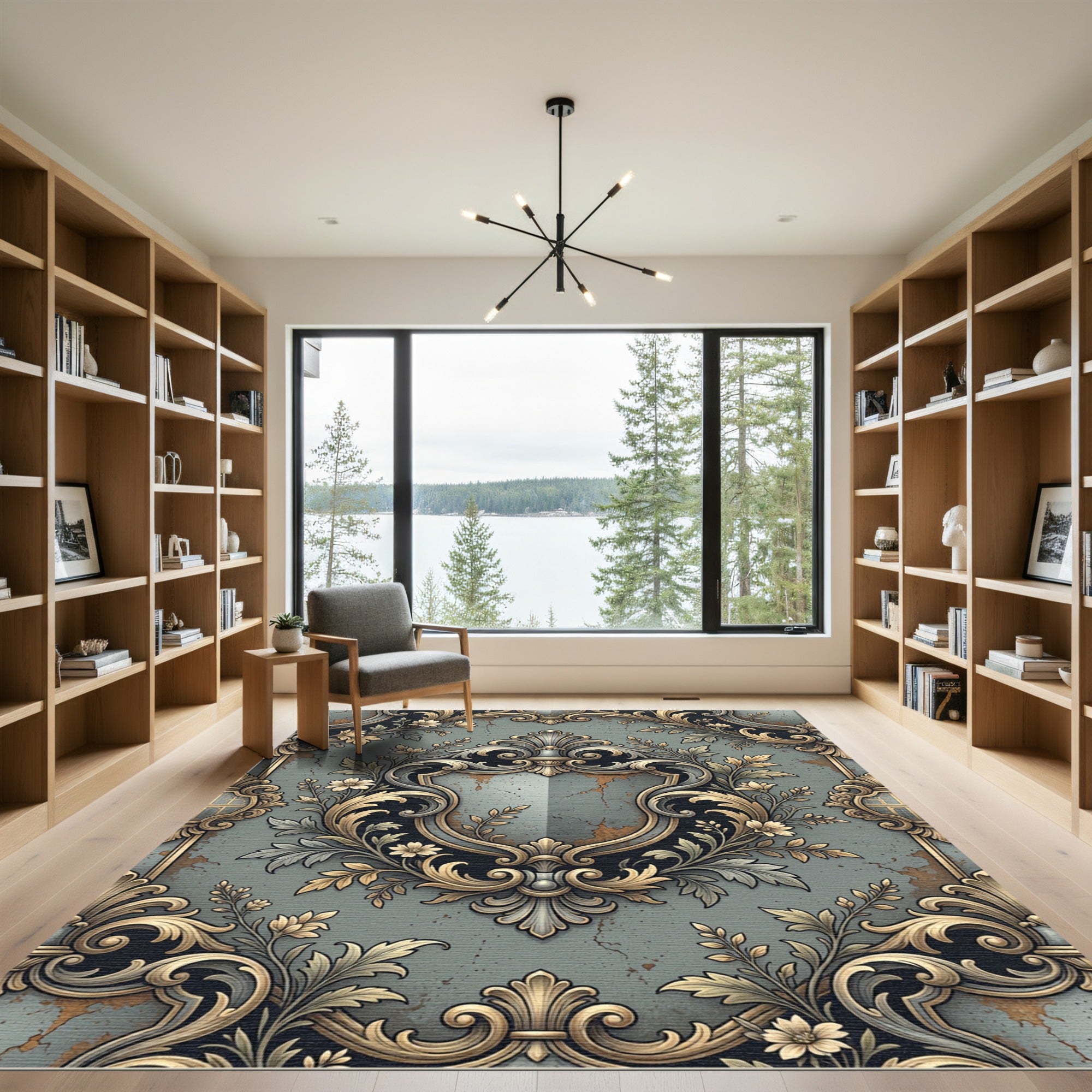 Ornate Gilded Floral Scrollwork Rug
