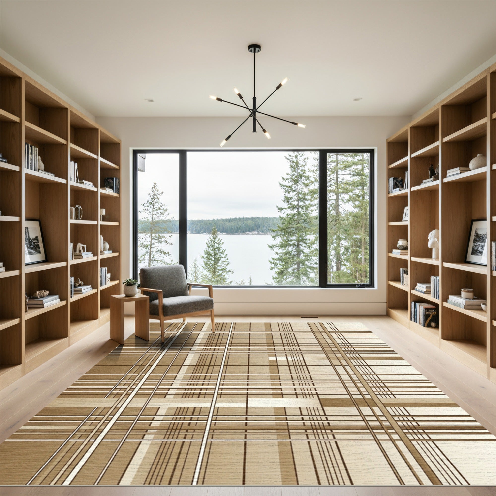 Neutral Beige Abstract Grid Linear Rug