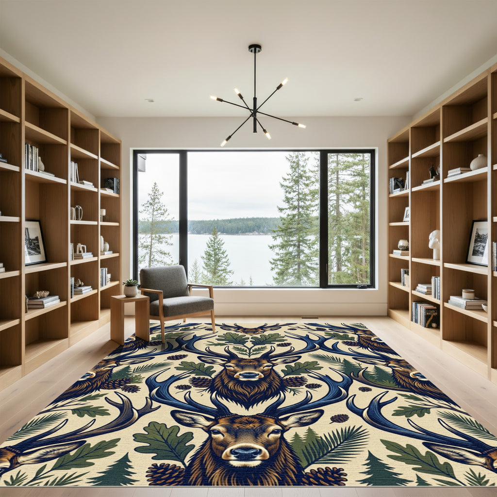 Rustic Forest Deer and Oak Woodland Rug