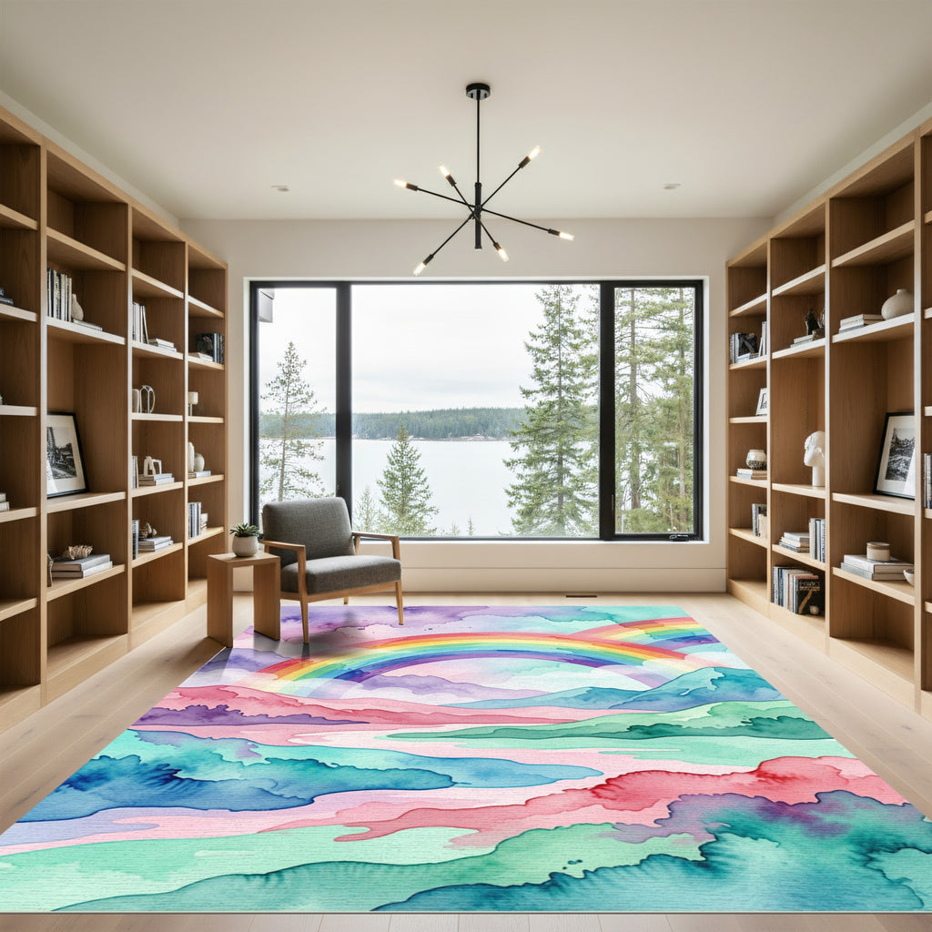 Watercolor Rainbow Landscape Serene Meadow Rug