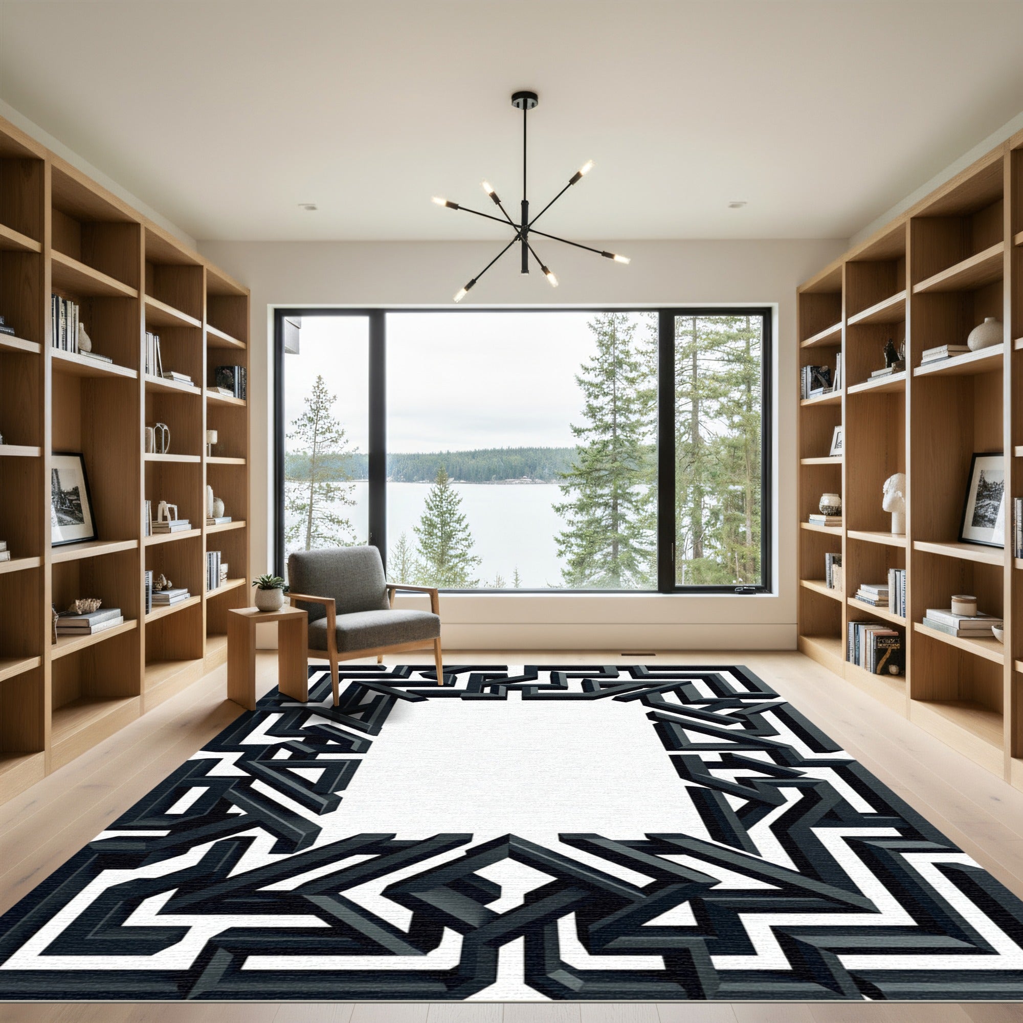 Dark Gray Abstract Geometric Maze Rug