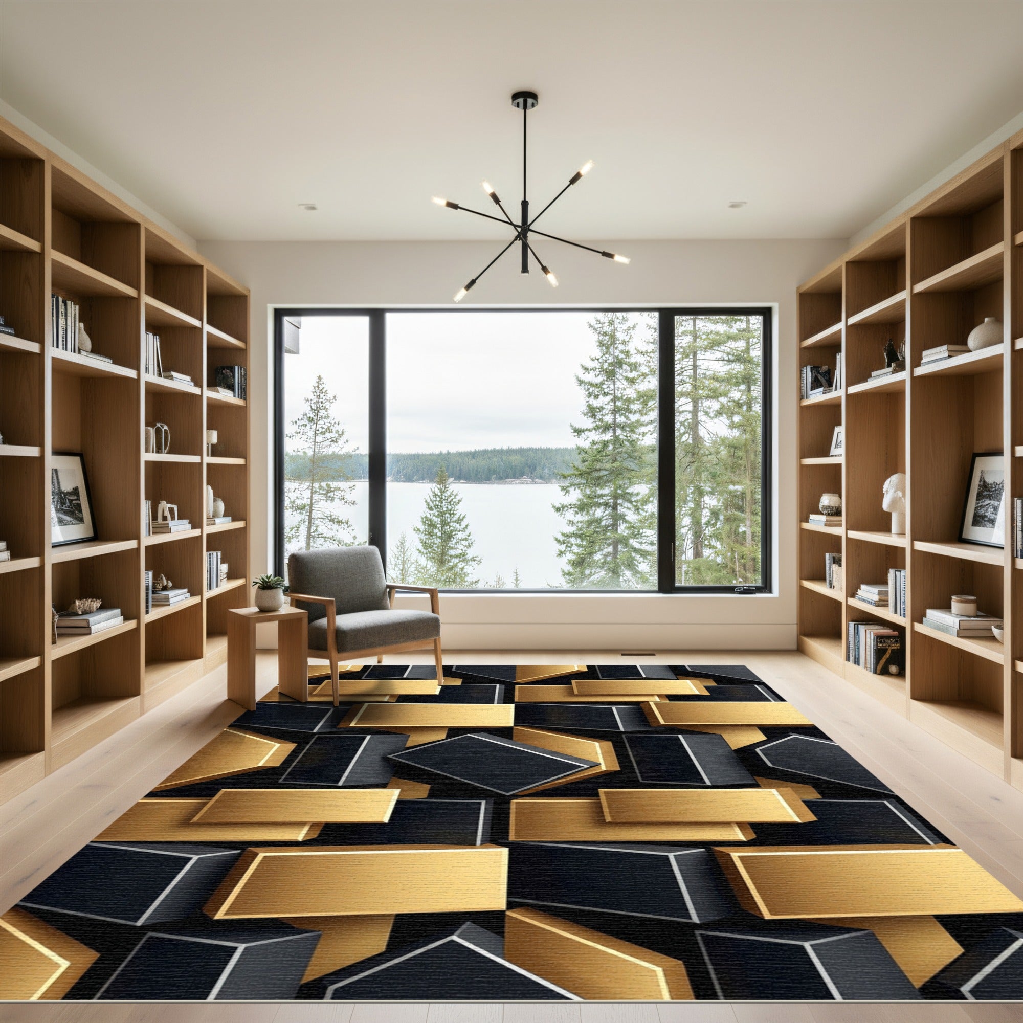 Gold Black Geometric Block Render Rug