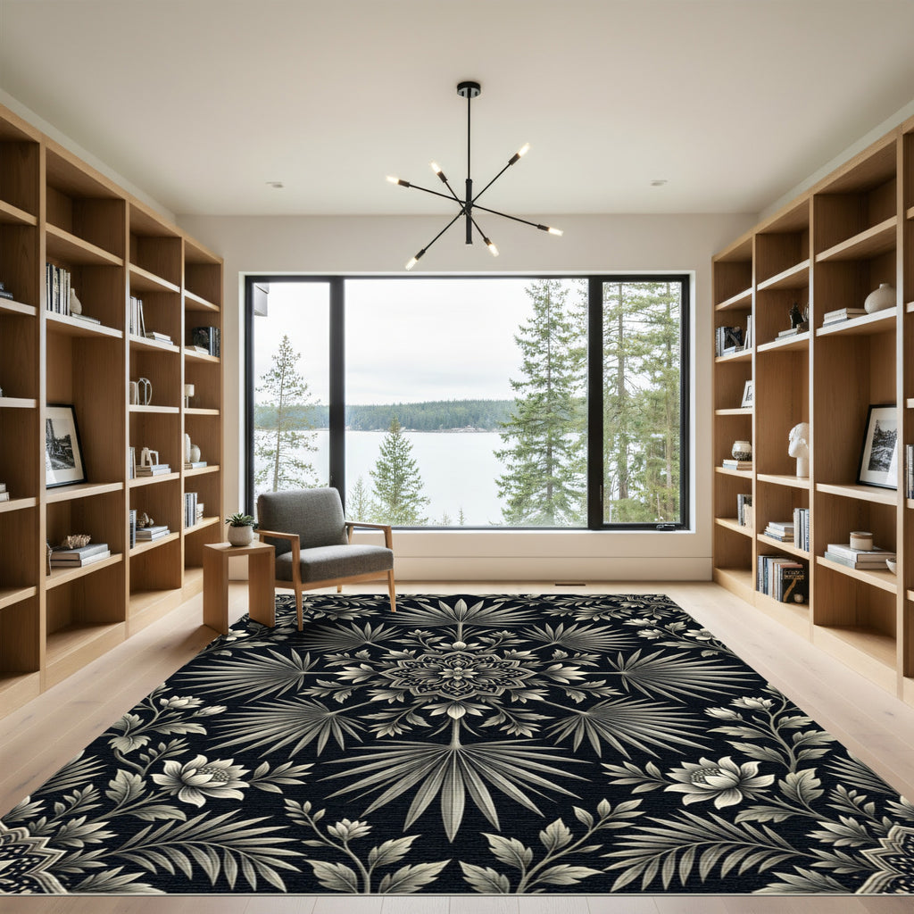 Monochromatic Floral Fan Medallion Rug