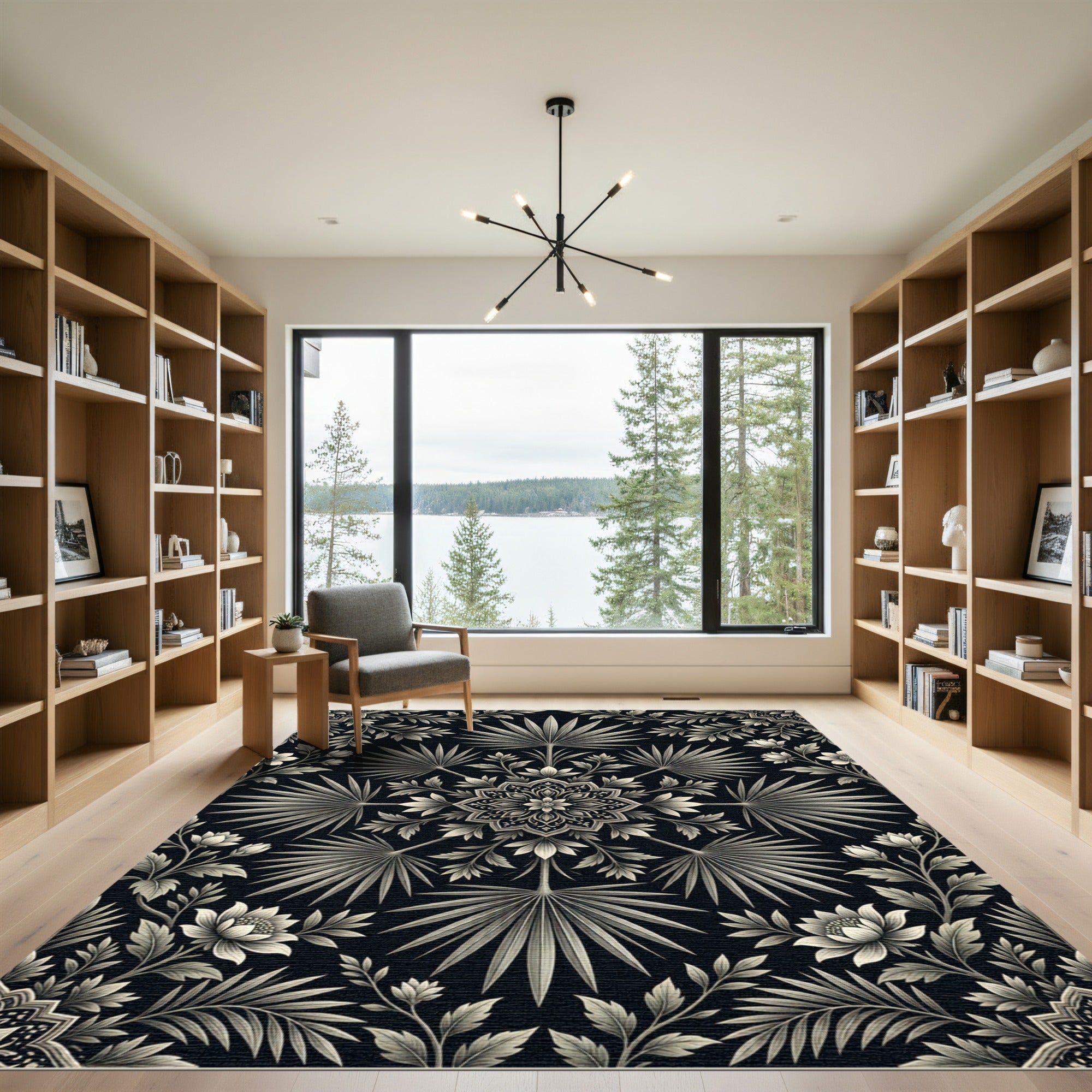 Monochromatic Floral Fan Medallion Rug