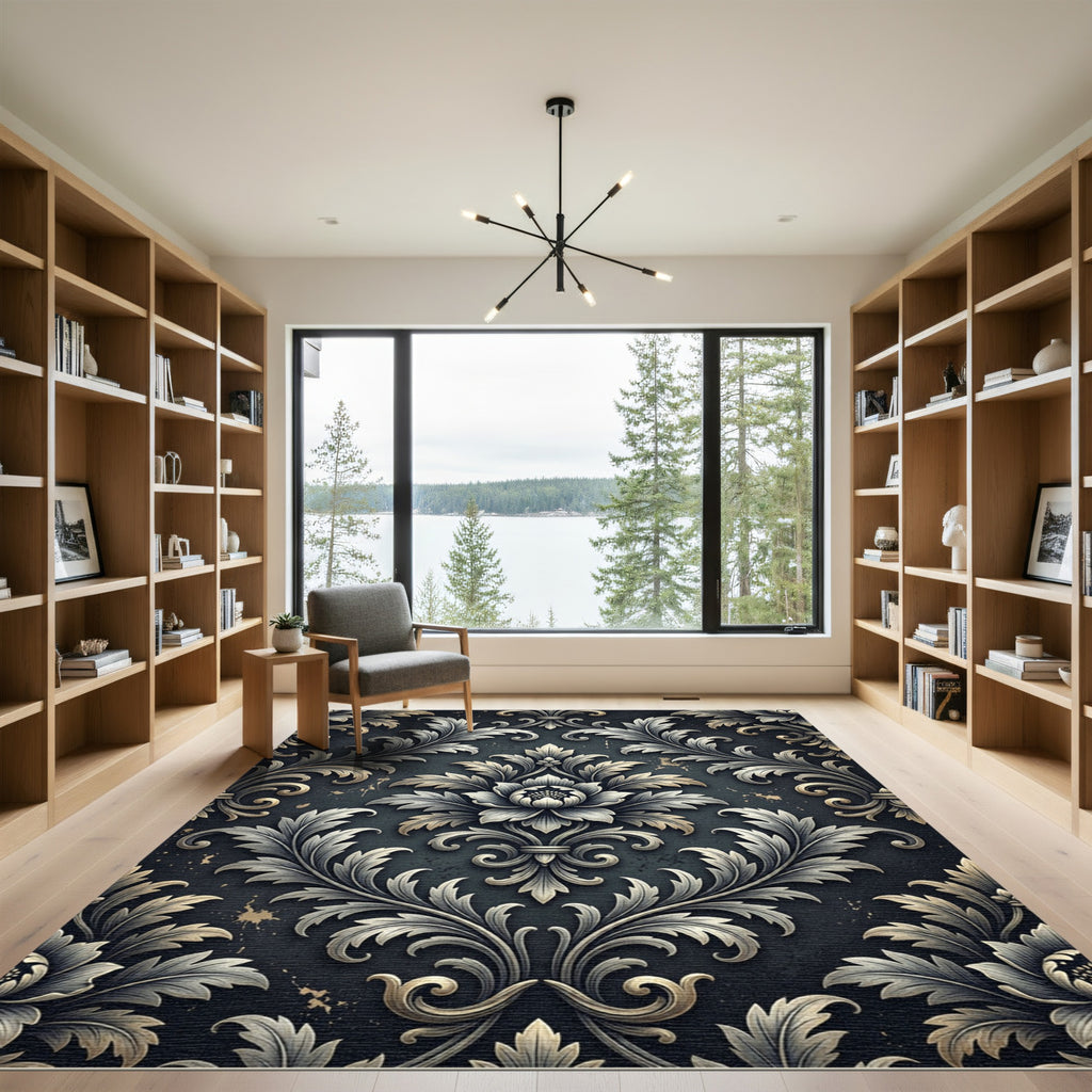 Elegant Silver Charcoal Damask Scroll Rug