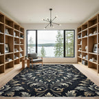Elegant Silver Charcoal Damask Scroll Rug