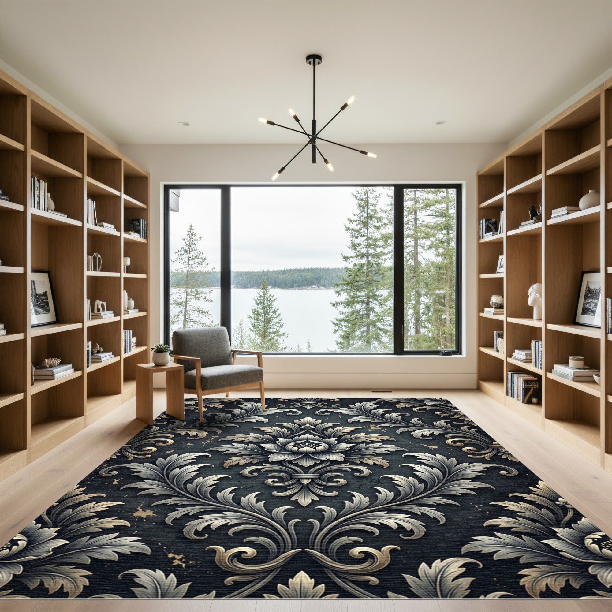 Elegant Silver Charcoal Damask Scroll Rug