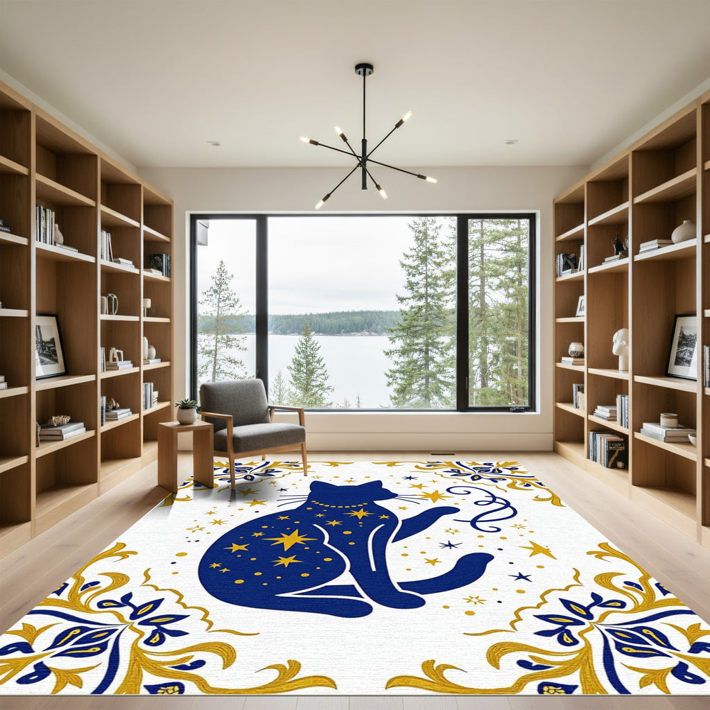 Midnight Blue Celestial Cat Stars Rug