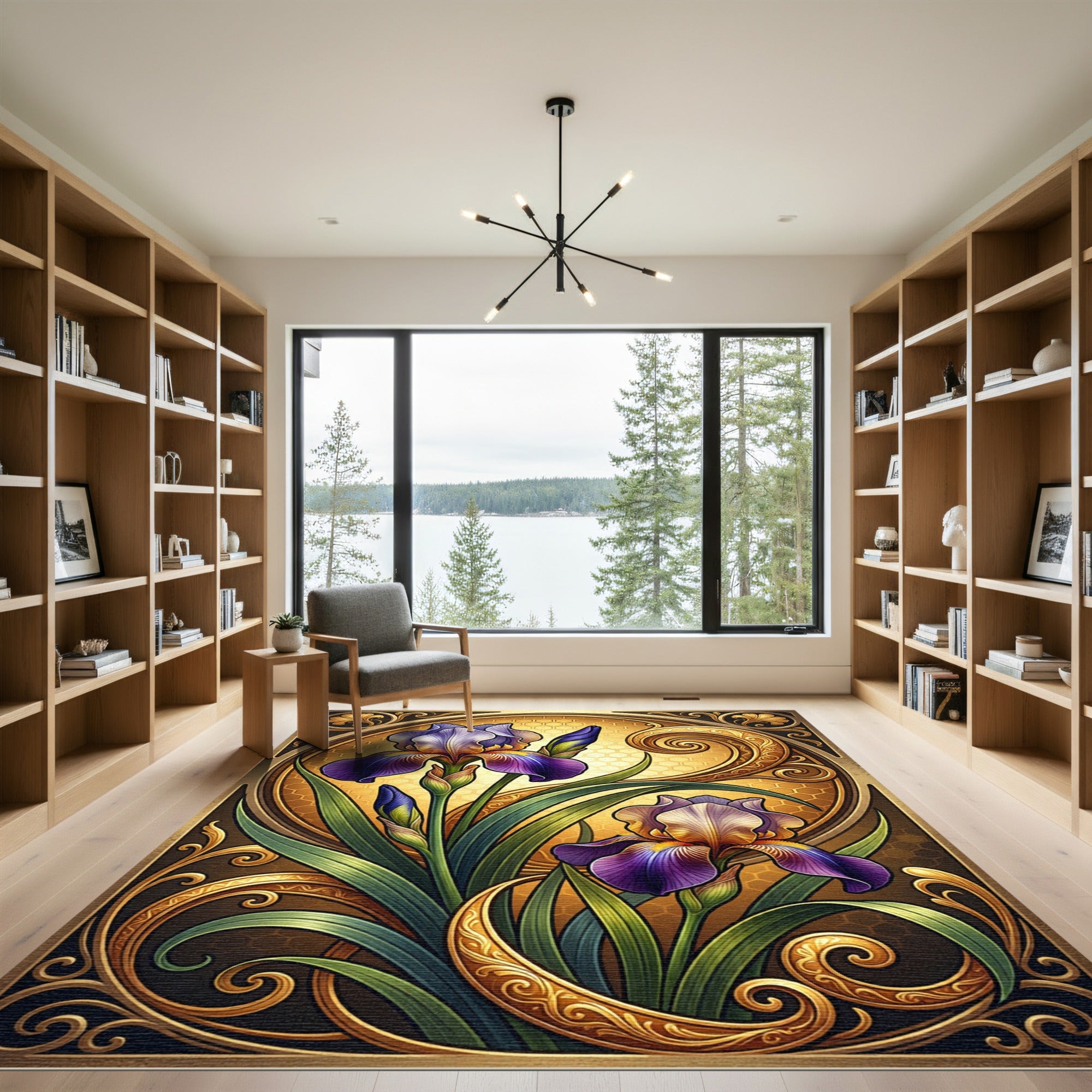 Ornate Art Nouveau Iris Golden Scroll Rug