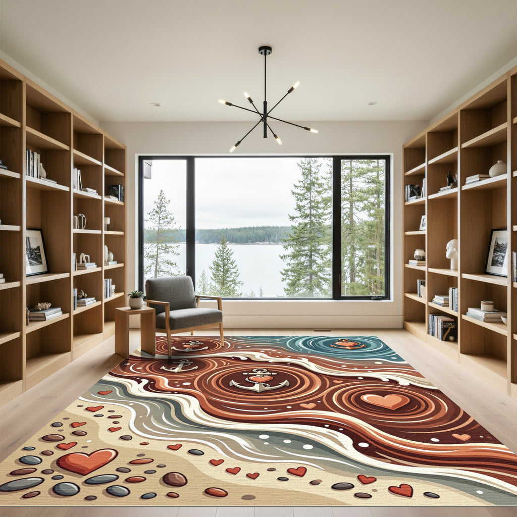 Coral Anchor Heart Beach Waves Rug