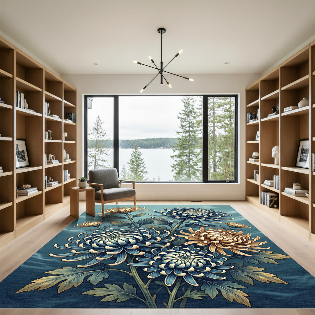 Blue Gold Chrysanthemum Floral Arrangement Rug