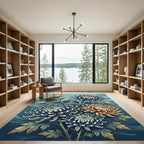 Blue Gold Chrysanthemum Floral Arrangement Rug