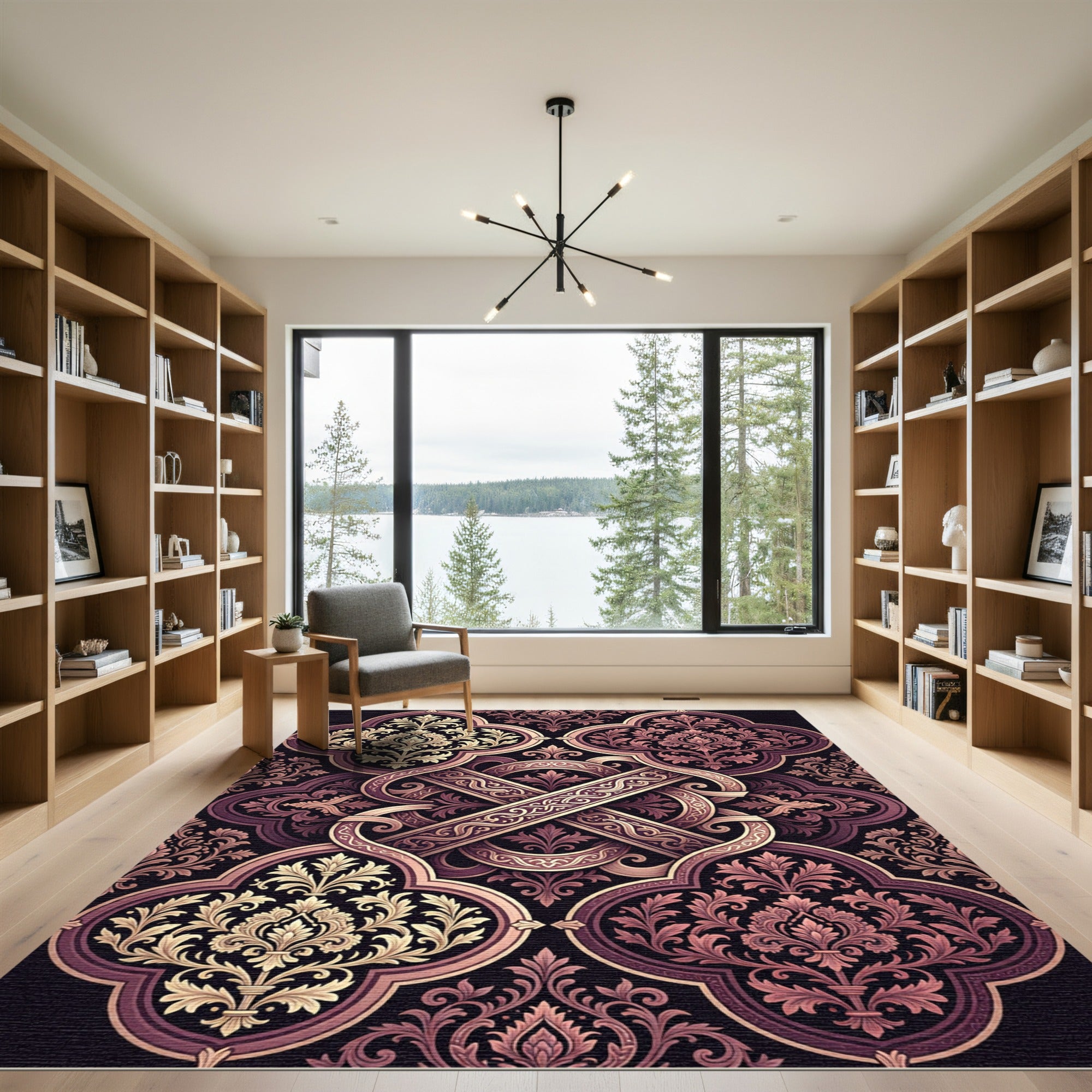 Elegant Damask Mauve Floral Scrollwork Rug