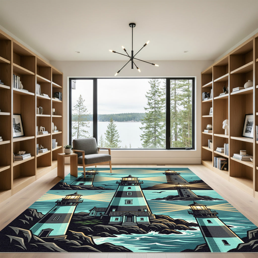 Coastal Lighthouse Scene in Teal and Navy Rug