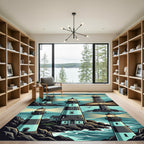 Coastal Lighthouse Scene in Teal and Navy Rug