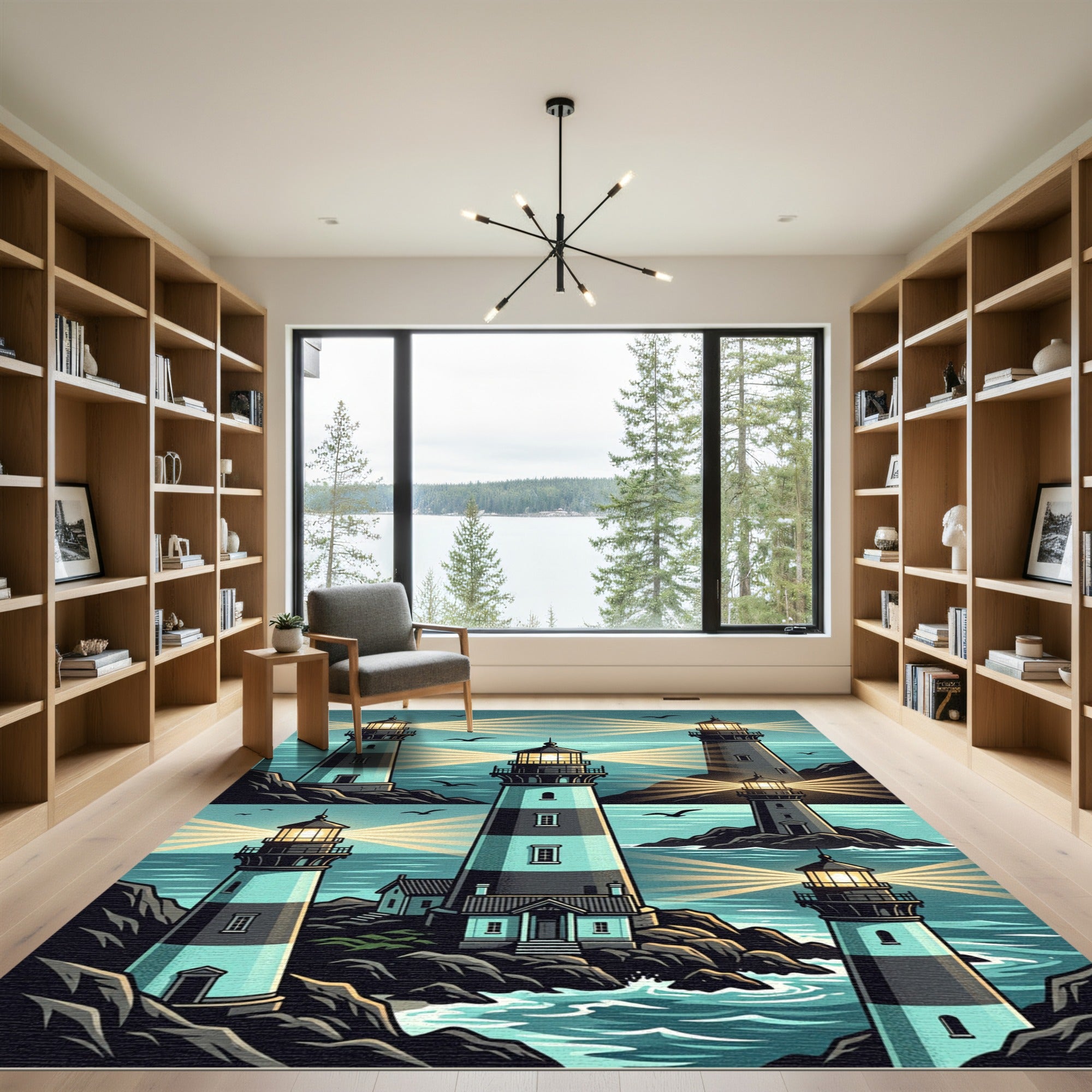 Coastal Lighthouse Scene in Teal and Navy Rug