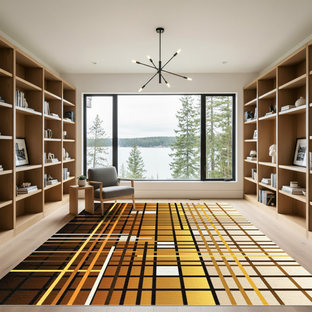 Abstract Amber Gold Geometric Grid Rug