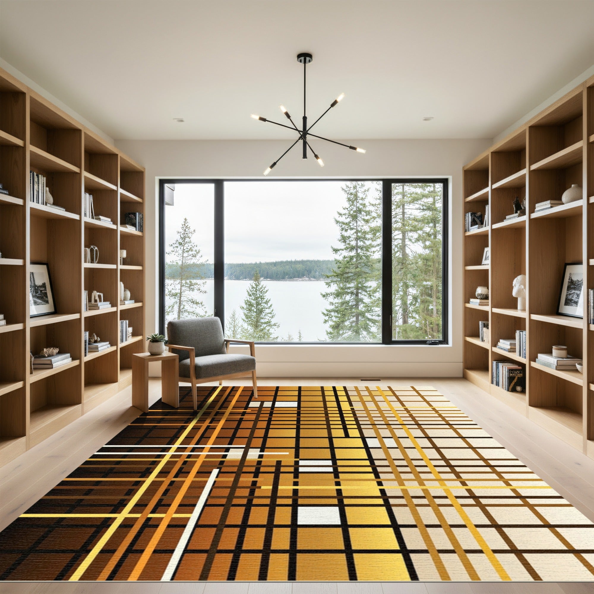 Abstract Amber Gold Geometric Grid Rug