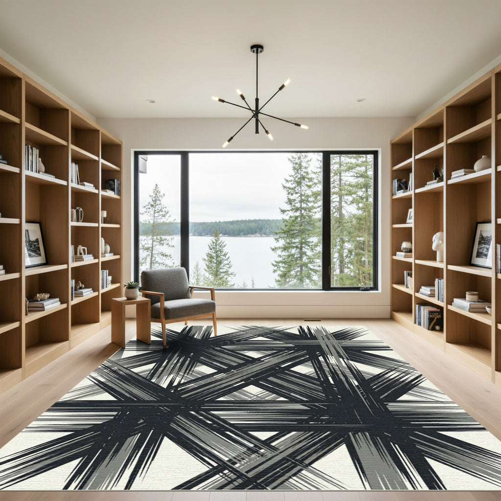 Monochromatic Abstract Brushstroke Overlay Rug