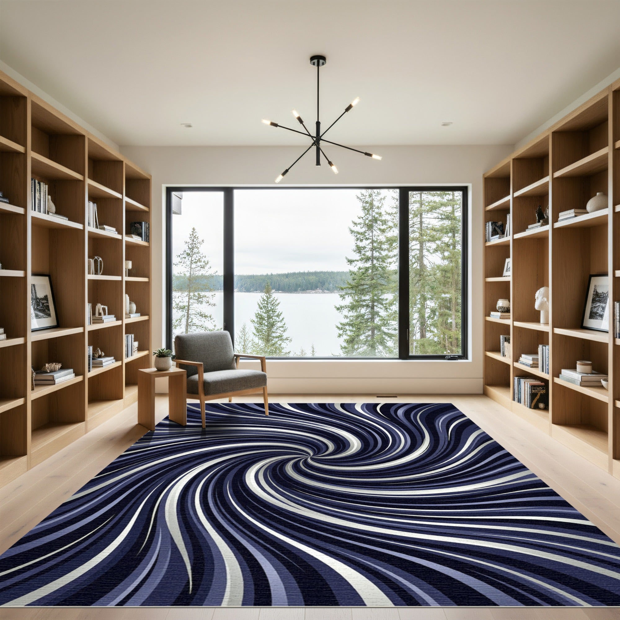 Modern Navy and Silver Spiral Vortex Rug