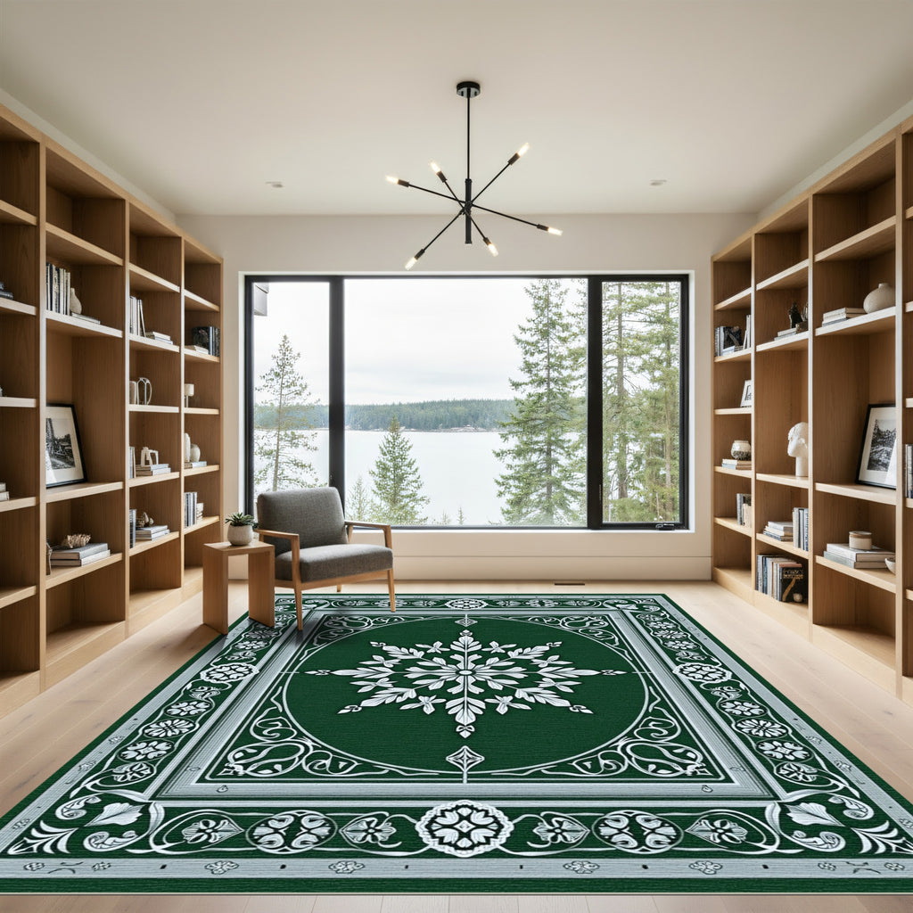Elegant Green White Floral Medallion Rug