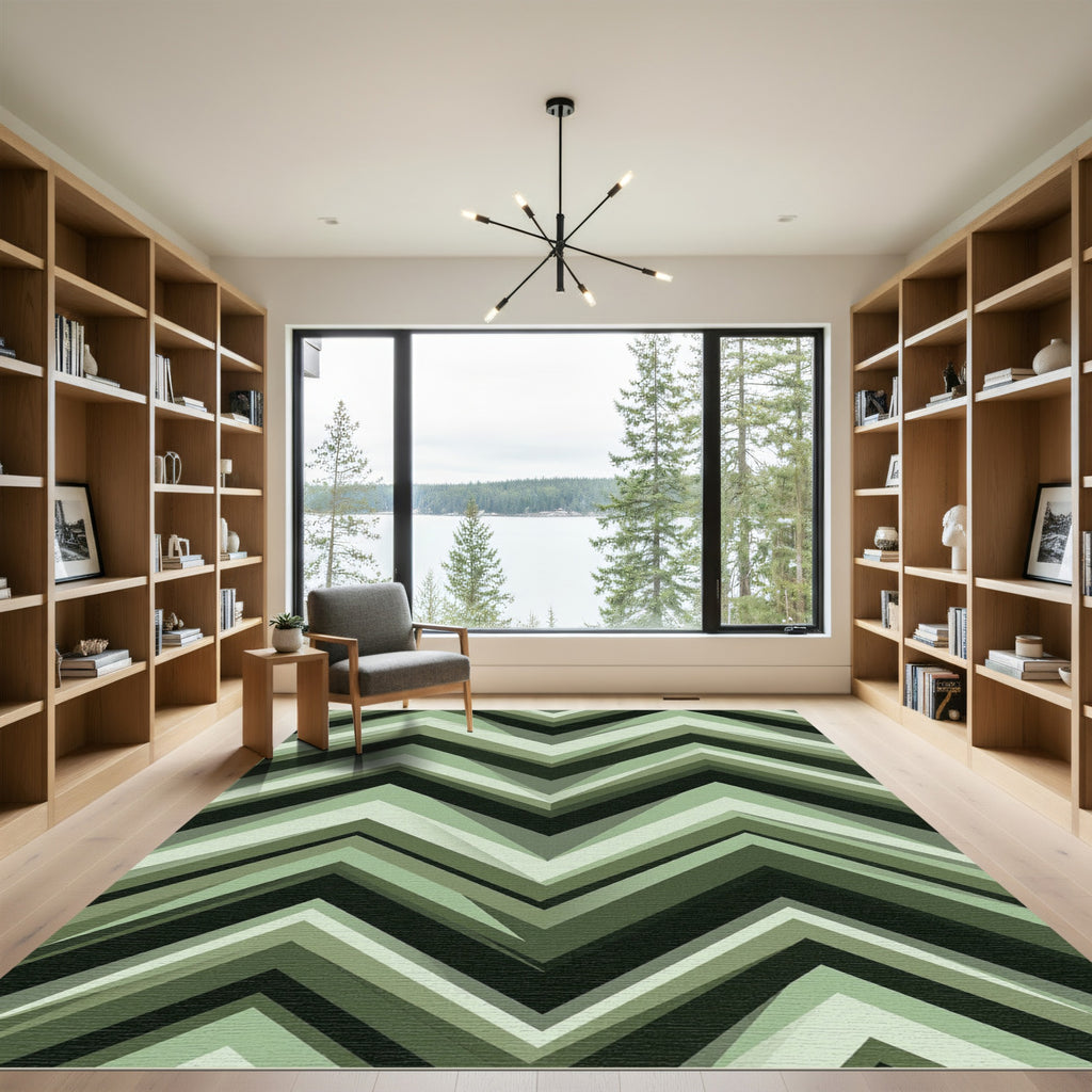 Modern Sage Green Geometric Zigzag Rug