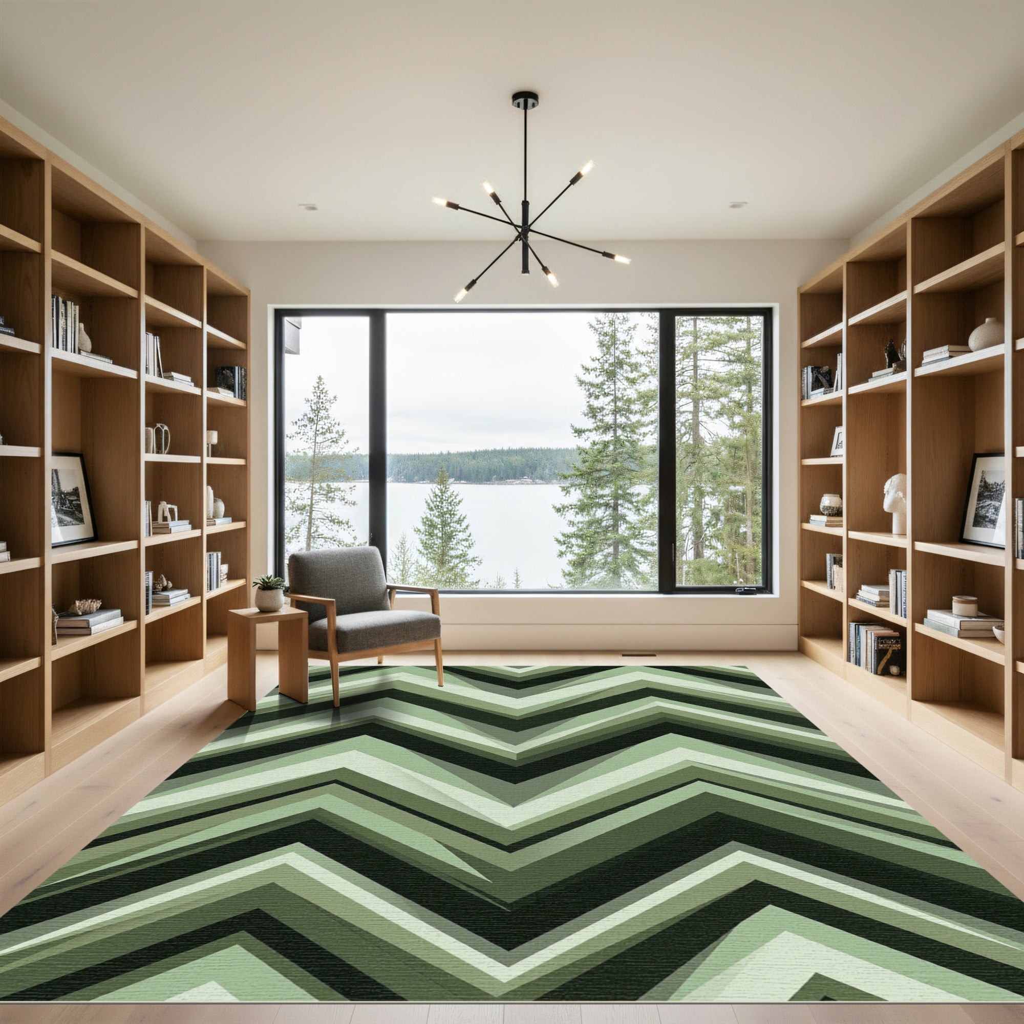 Modern Sage Green Geometric Zigzag Rug