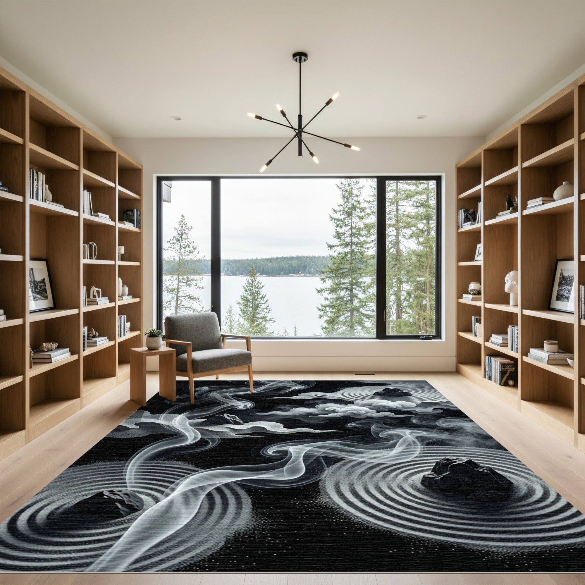 Monochromatic Smoke Zen Garden Raked Waves Rug