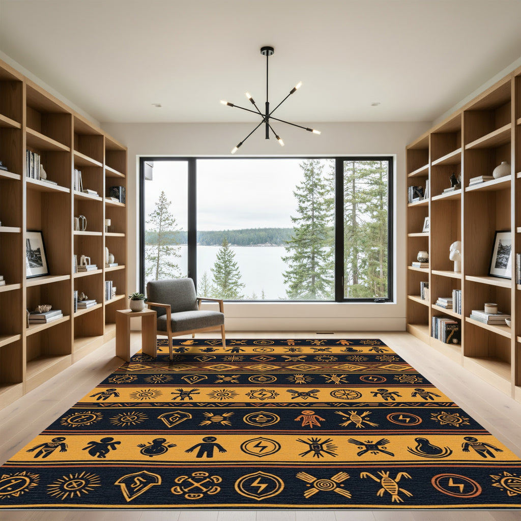 Earthy Amber Ancestral Symbol Striped Tapestry Rug