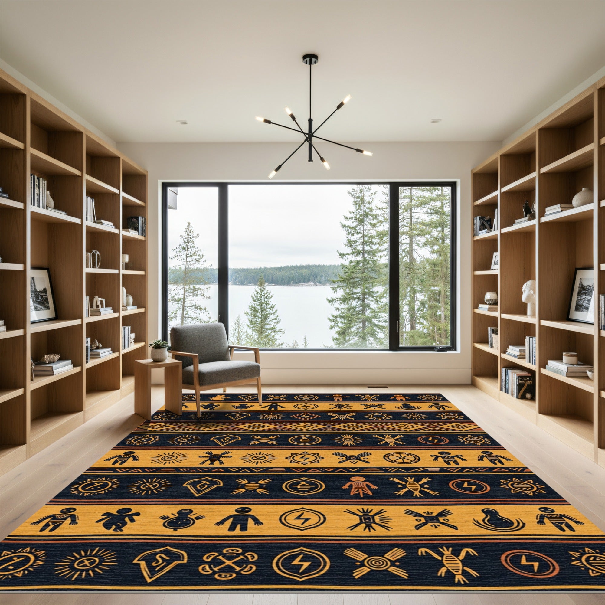 Earthy Amber Ancestral Symbol Striped Tapestry Rug