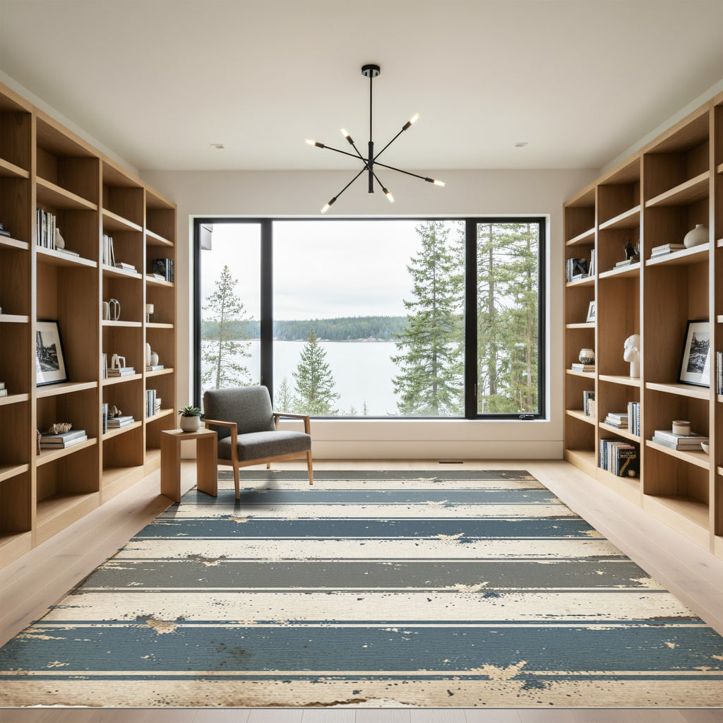 Muted Blue Neutral Stripe Splatter Rug