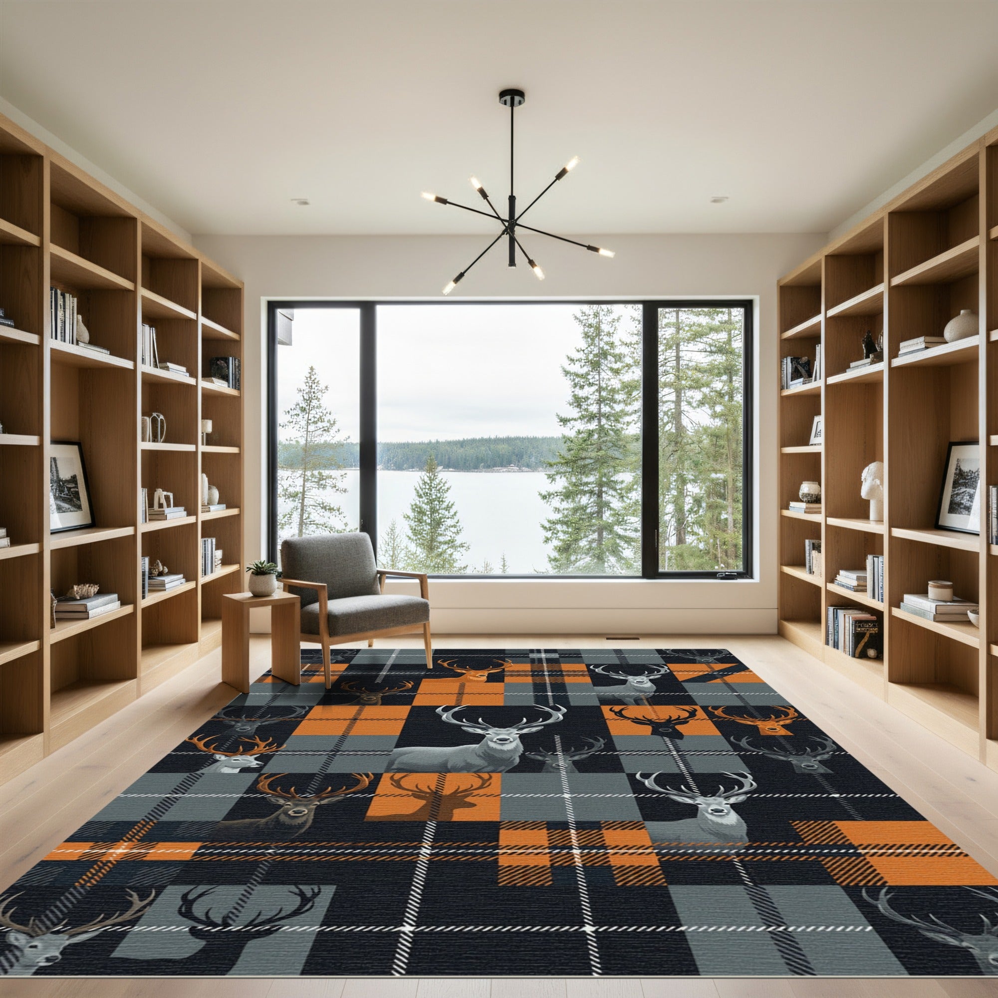 Rustic Orange and Charcoal Deer Plaid Rug