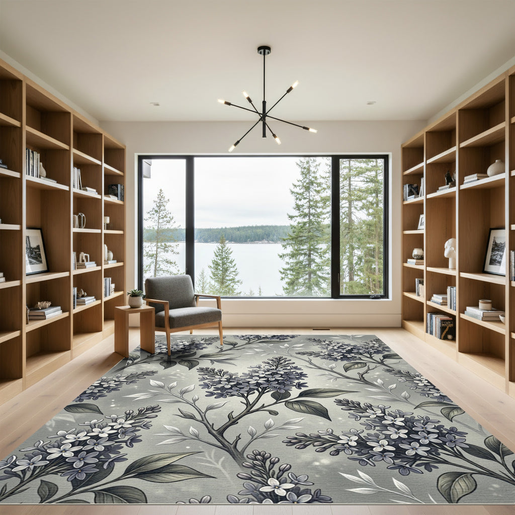 Monochromatic Lilac Blossom Botanical Illustration Rug