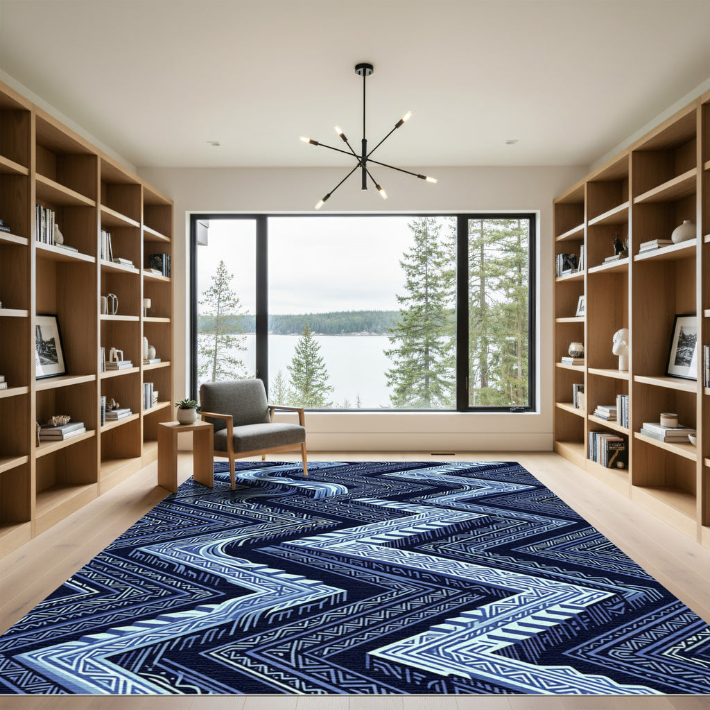 Deep Blue Geometric Staircase Zigzag Rug