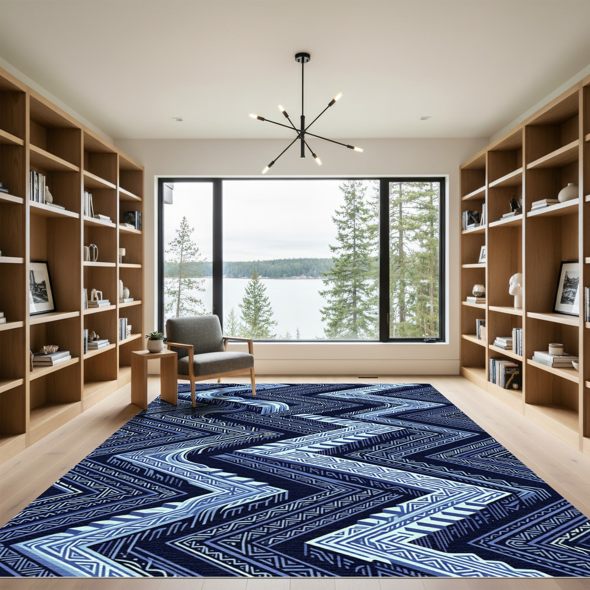 Deep Blue Geometric Staircase Zigzag Rug