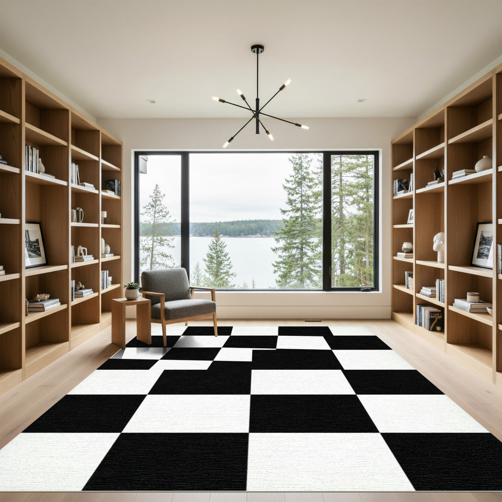 Modern Monochrome Checkerboard Graphic Grid Rug