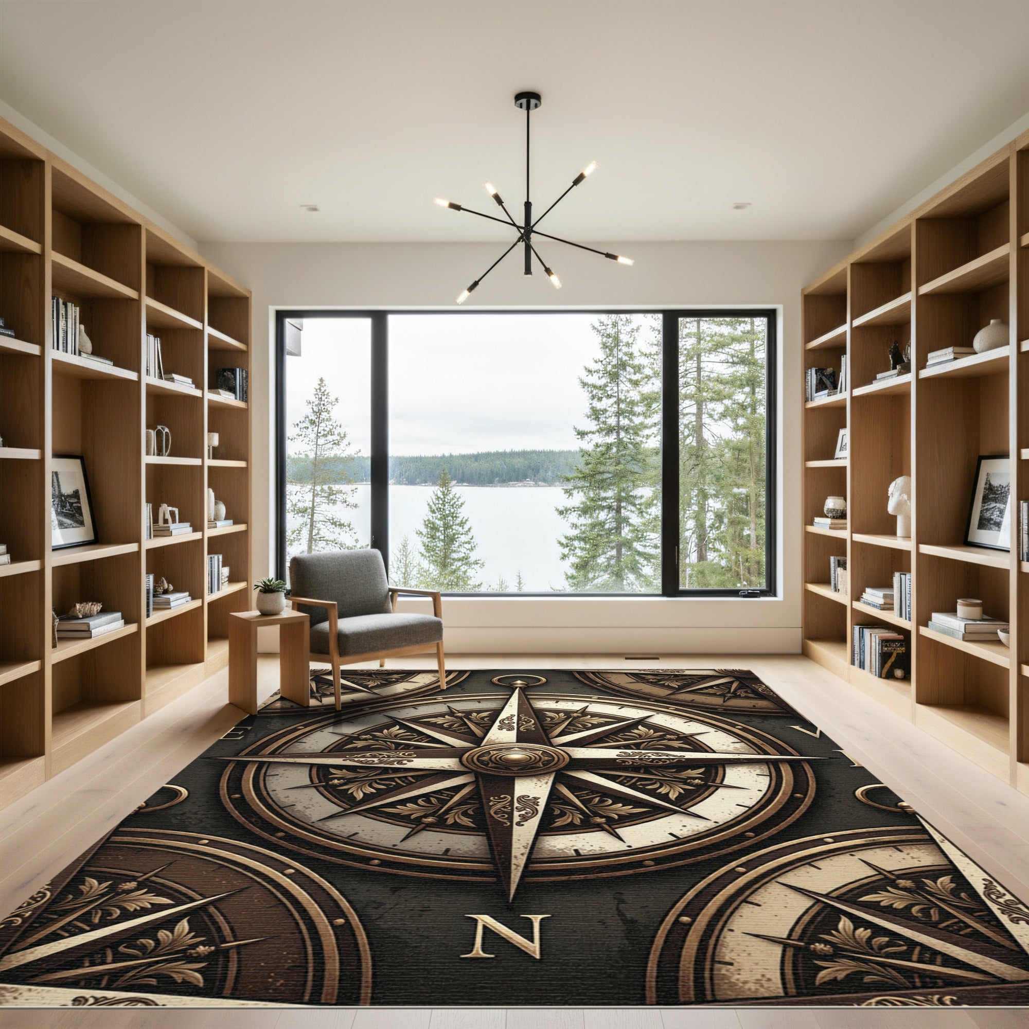 Vintage Bronze Nautical Compass Medallion Rug