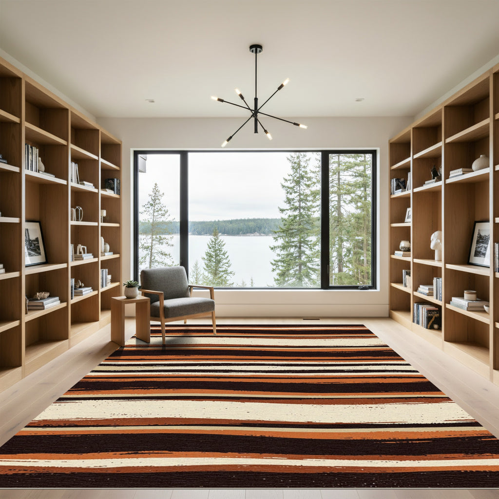 Earthy Brown Cream Wavy Layered Stripe Rug